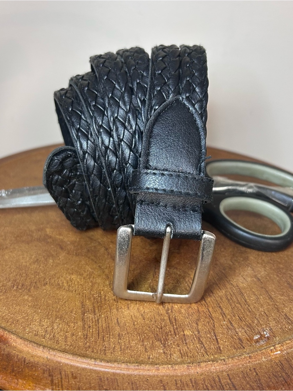 Black Braided Leather Belt Woven Classic Style Silver Tone Buckle 46” long